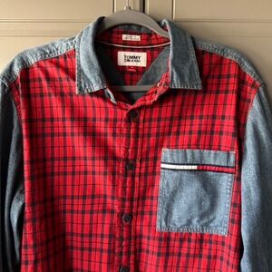 Tommy Jeans Mens‎ Classic Fit Plaid Button Down Long Sleeve Shirt,Red Blue, M